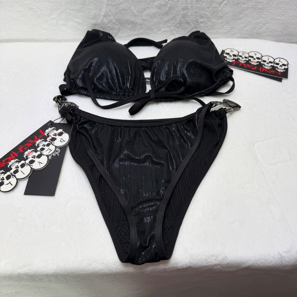 Devil Fashion Black SheerBlack Bikini Set Gunmetal Chain Link Gothic XS S NWT